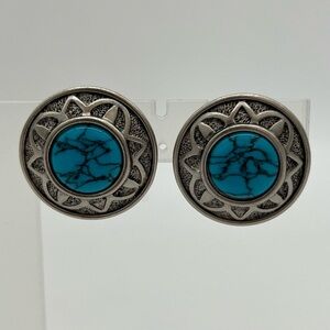 Vintage LERITZ ClipOn Earrings Silver Tone Turquoise Cabochon Southwestern Style